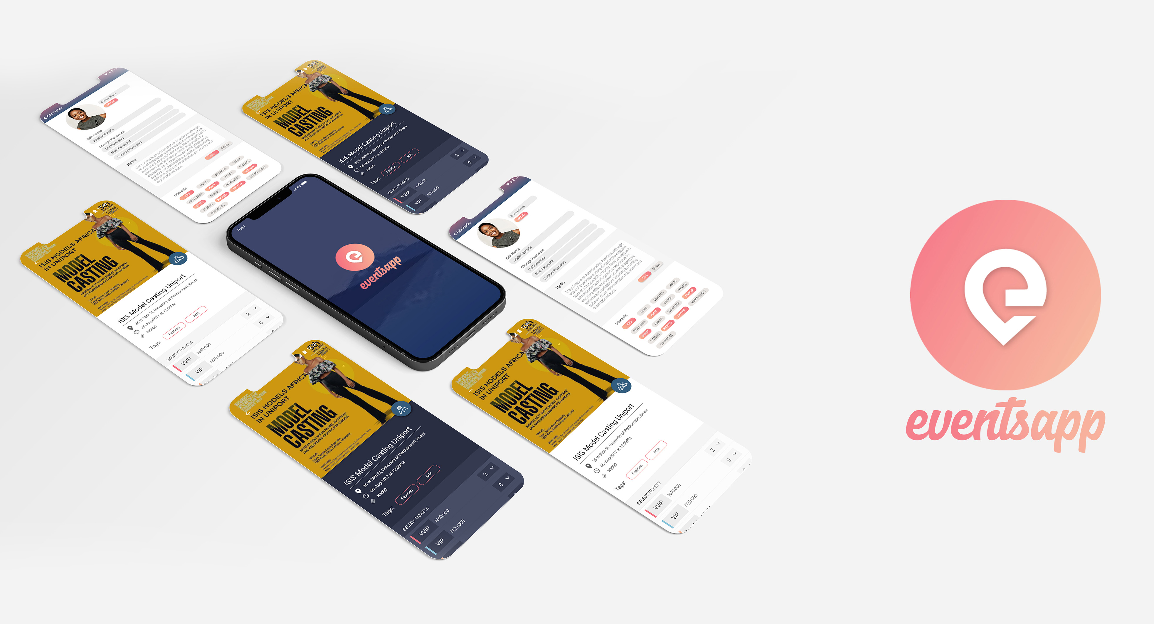 Event App interface collection with mobile screens and brand mark