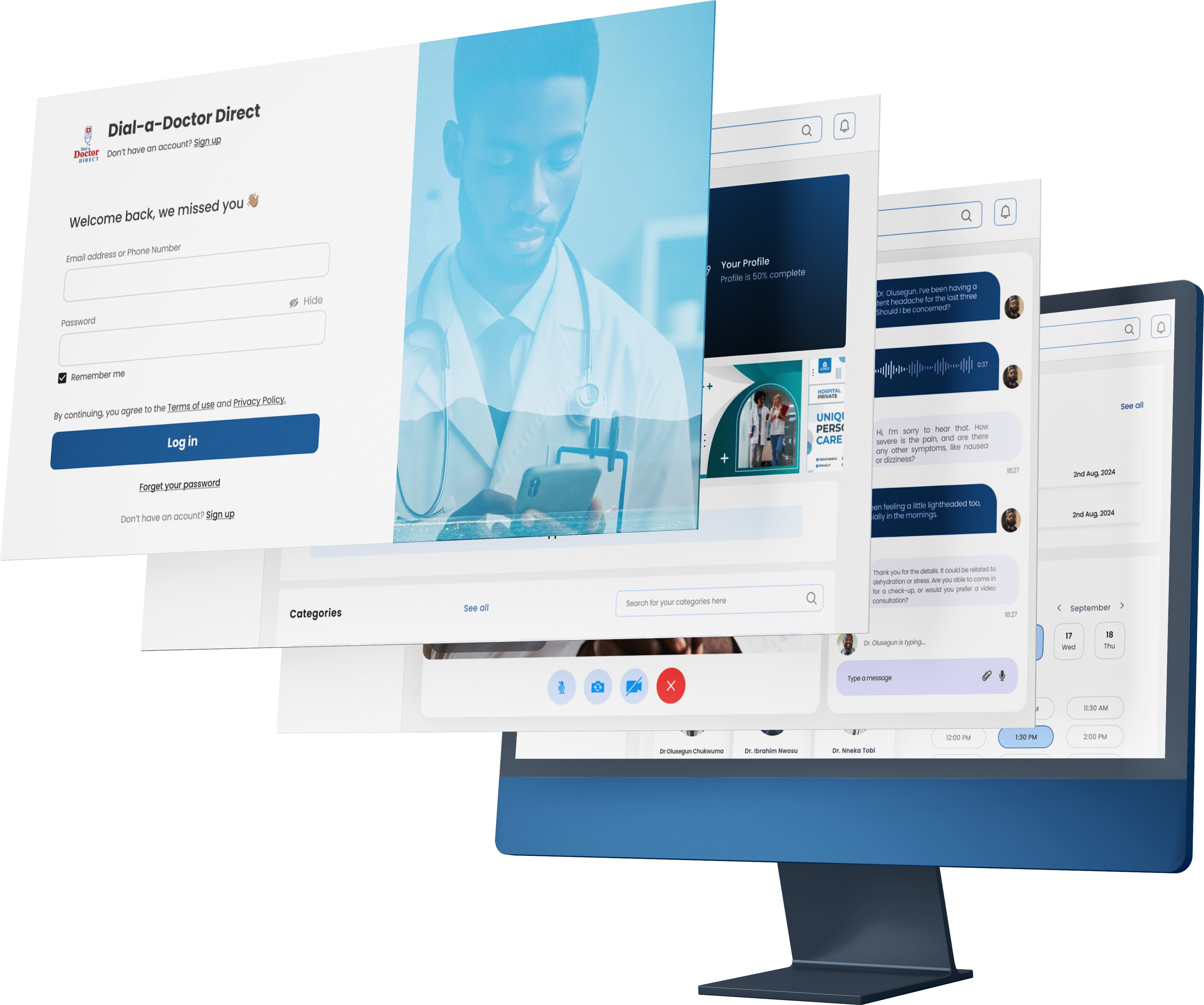 The Doctor App telemedicine platform interface mockups