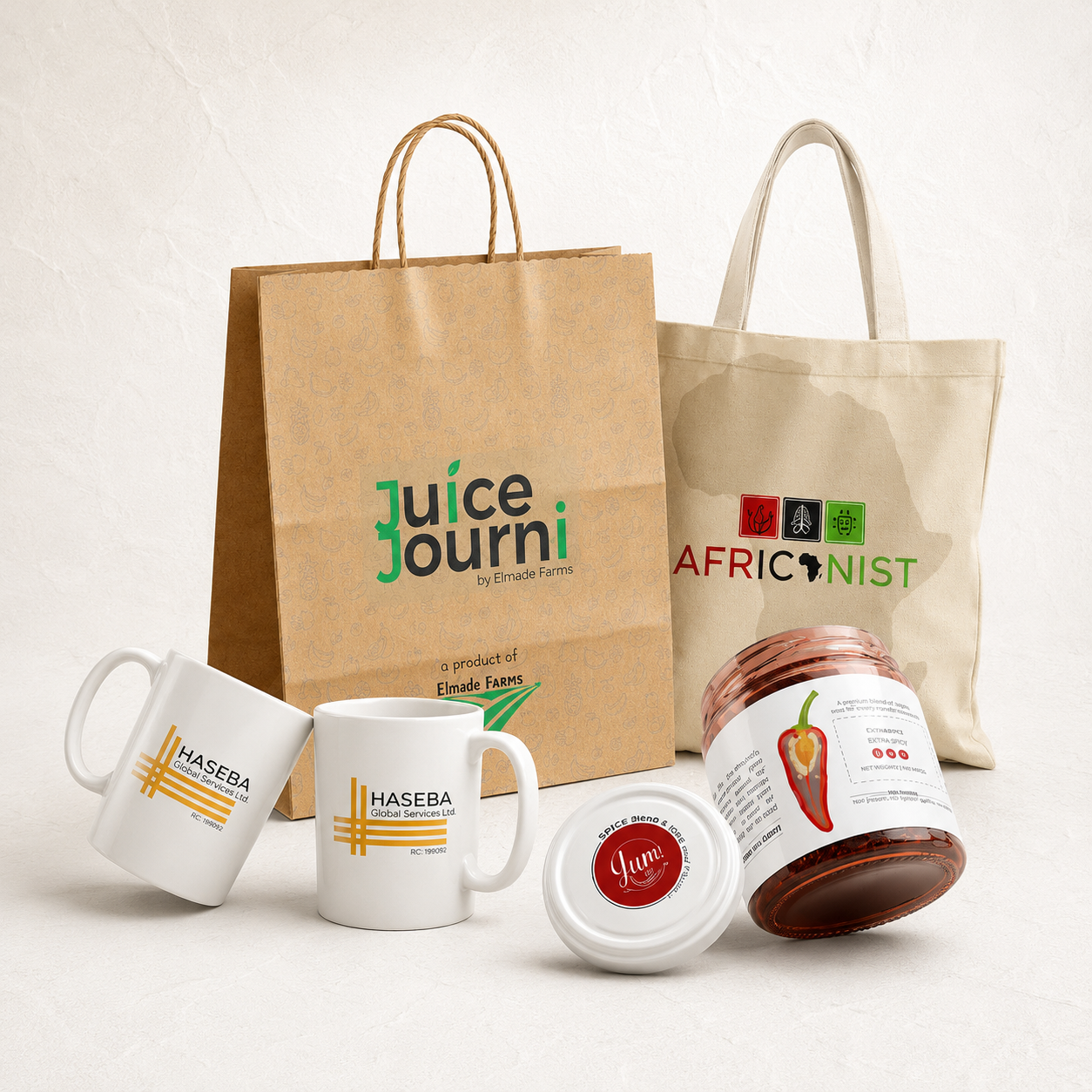 Branding collection with packaging, tote bag, mugs and product applications