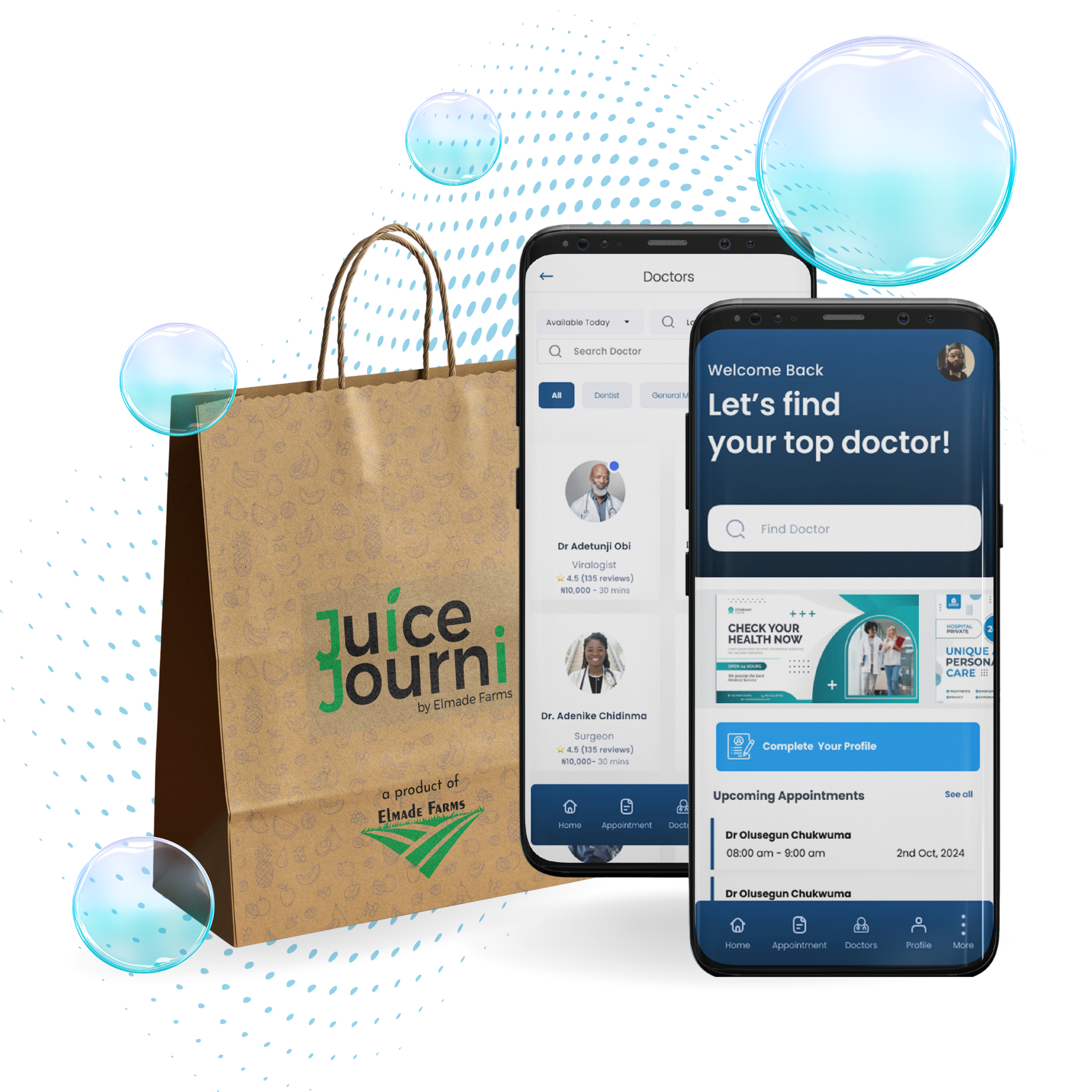 Product mockups, Juice Journi branding, blue bubbles and dotted graphic pattern
